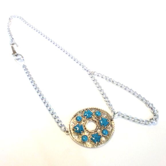 Vintage Southwestern Inspired Silver Tone Faux Turquoise Chain Belt - Picture 5 of 6